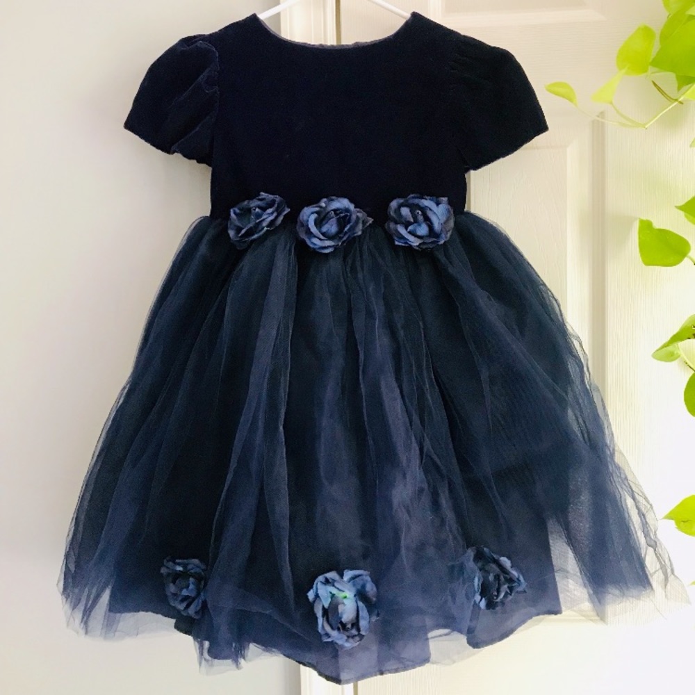 Iris & Ivy Navy Blue Velvet/Tulle Rose Dress 4-6T
